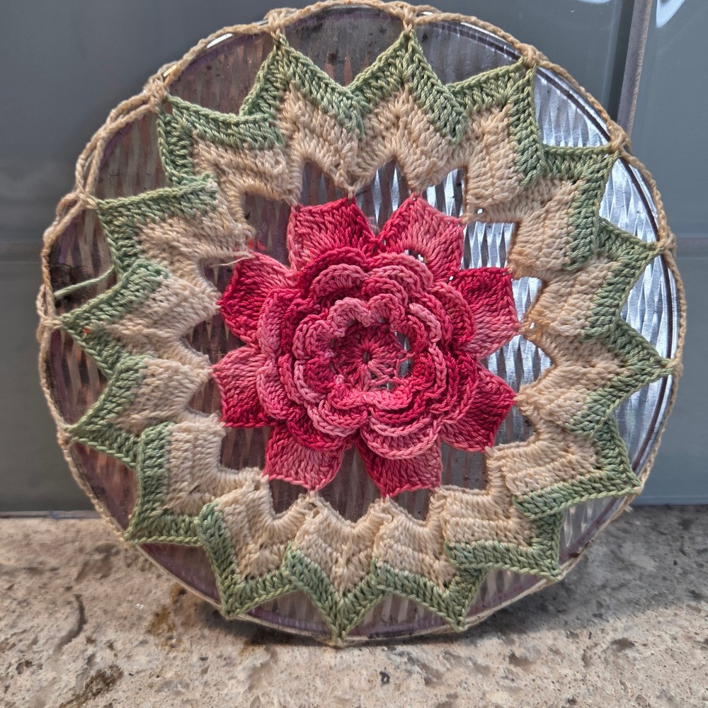 Vintage Handmade Crochet Hot Pad 3D Rose Flower Trivet Pink Green 6.5 Inch